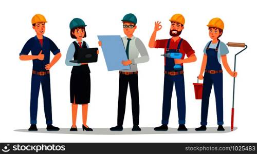 Technician workers and engineers team. Technicians people group, engineering worker and construction. Industrial engineers workers, builders characters isolated cartoon vector illustration. Technician workers and engineers team. Technicians people group, engineering worker and construction cartoon vector illustration