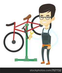 Technician working in bike workshop. Technician fixing bicycle in repair shop. Mechanic repairing bicycle. Man installing spare part bike. Vector flat design illustration isolated on white background.. Asian bicycle mechanic working in repair shop.