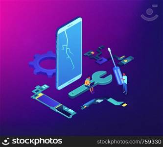 Technicians repair big broken smartphone with screwdriver, wrench and laptop. Smartphone repair, cell phone service, same day repair concept. Ultraviolet neon vector isometric 3D illustration.. Smartphone repair concept vector isometric illustration.