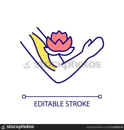 Technique of tensed muscles relaxation RGB color icon. Body and soul care practice. Health and wellness. Isolated vector illustration. Simple filled line drawing. Editable stroke. Arial font used. Technique of tensed muscles relaxation RGB color icon