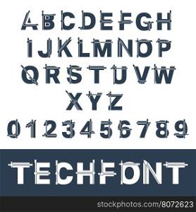 Techno alphabet font template. Set of letters and numbers. Vector illustration. Incomplete glitch font