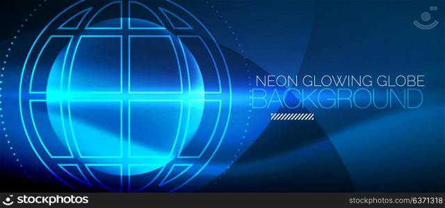 Techno globe concept, neon glow planet. Techno blue globe concept, neon glow planet on dark abstract color background, light effects
