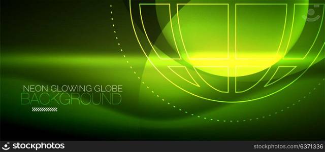 Techno globe concept, neon glow planet. Techno globe concept, green eco neon glow planet on dark abstract color background, light effects