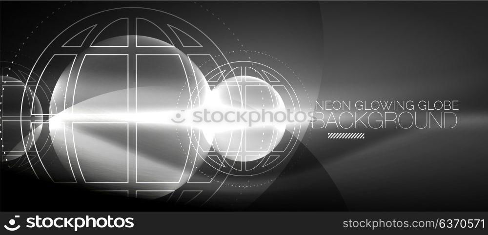 Techno globe concept, neon glow planet. Techno globe concept, neon glow planet on dark abstract color background, light effects