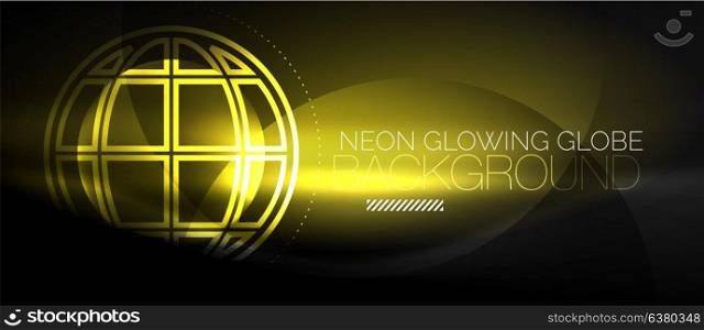 Techno globe concept, neon glow planet. Techno globe concept, neon glow planet on dark abstract color background, light effects