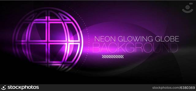 Techno globe concept, neon glow planet. Techno globe concept, neon glow planet on dark abstract color background, light effects