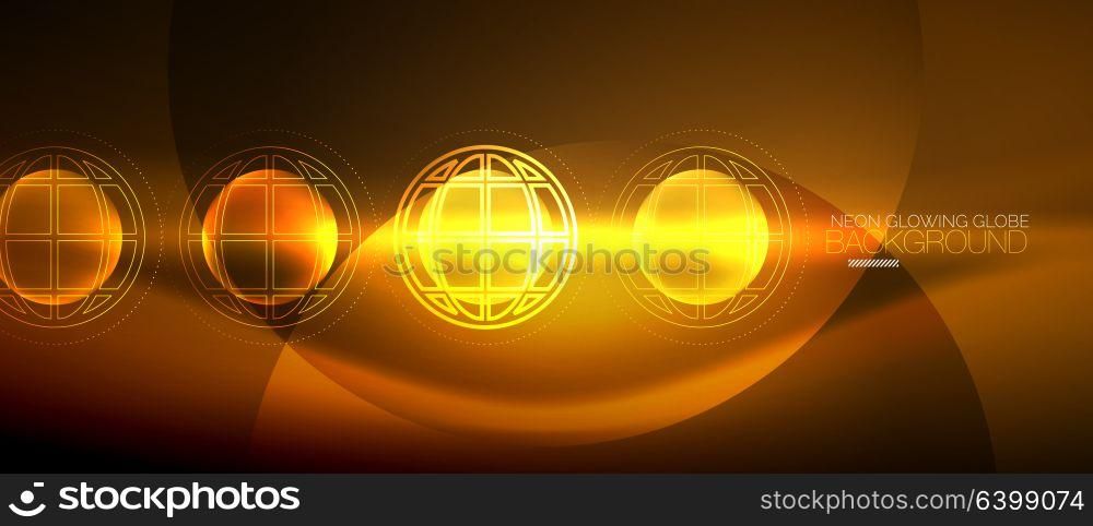 Techno globe concept, neon glow planet. Techno globe concept, orange neon glow planet on dark abstract color background, light effects