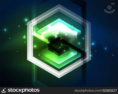 Techno glowing glass hexagons vector background. Techno glowing glass hexagons vector background, futuristic dark template with neon light effects and simple forms