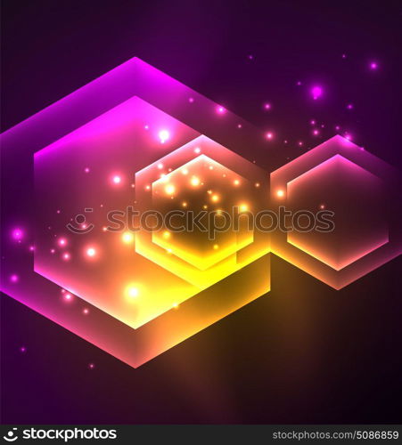 Techno glowing glass hexagons vector background. Techno glowing glass hexagons vector background, futuristic dark template with neon light effects and simple forms