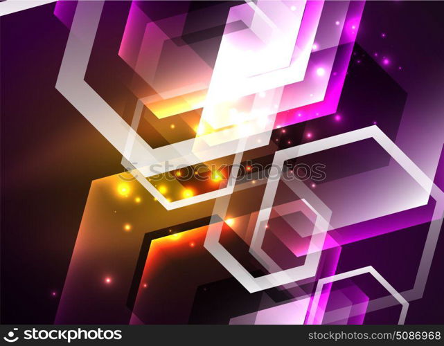 Techno glowing glass hexagons vector background. Techno glowing glass hexagons vector background, futuristic dark template with neon light effects and simple forms