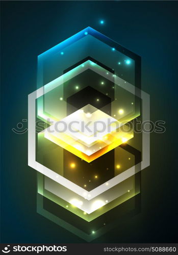 Techno glowing glass hexagons vector background. Techno glowing glass hexagons vector background, futuristic dark template with neon light effects and simple forms