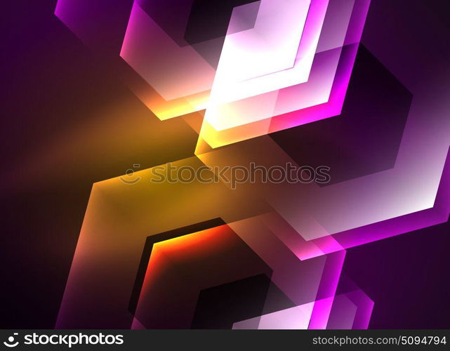 Techno glowing glass hexagons vector background. Techno glowing glass hexagons vector background, futuristic dark template with neon light effects and simple forms