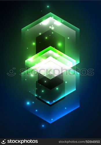 Techno glowing glass hexagons vector background. Techno glowing glass hexagons vector background, futuristic dark template with neon light effects and simple forms