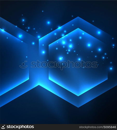 Techno glowing glass hexagons vector background. Techno glowing glass hexagons vector background, futuristic dark template with neon light effects and simple forms