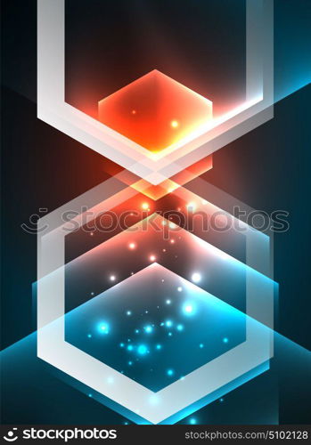 Techno glowing glass hexagons vector background. Techno glowing glass hexagons vector background, futuristic dark template with neon light effects and simple forms