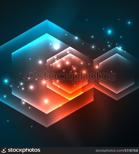 Techno glowing glass hexagons vector background. Techno glowing glass hexagons vector background, futuristic dark template with neon light effects and simple forms