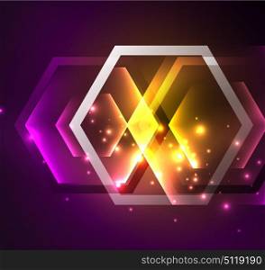 Techno glowing glass hexagons vector background. Techno glowing glass hexagons vector background, futuristic dark template with neon light effects and simple forms