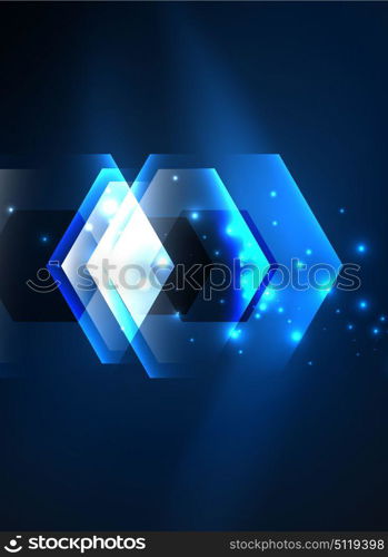 Techno glowing glass hexagons vector background. Techno glowing glass hexagons vector background, futuristic dark template with neon light effects and simple forms