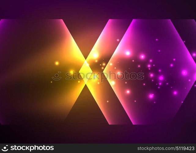 Techno glowing glass hexagons vector background. Techno glowing glass hexagons vector background, futuristic dark template with neon light effects and simple forms