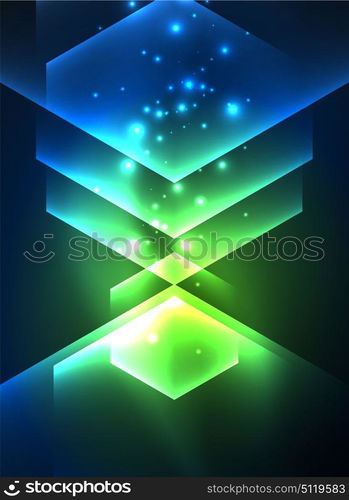 Techno glowing glass hexagons vector background. Techno glowing glass hexagons vector background, futuristic dark template with neon light effects and simple forms