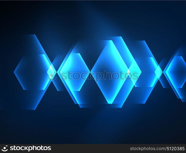 Techno glowing glass hexagons vector background. Techno glowing glass hexagons vector background, futuristic dark template with neon light effects and simple forms