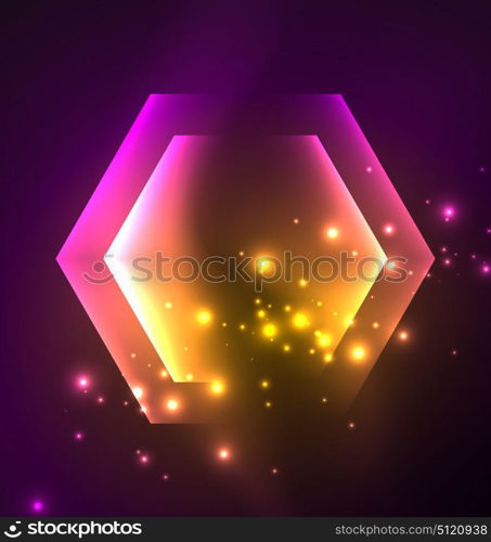 Techno glowing glass hexagons vector background. Techno glowing glass hexagons vector background, futuristic dark template with neon light effects and simple forms