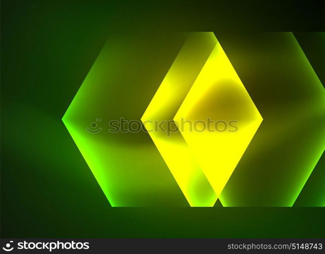 Techno glowing glass hexagons vector background. Techno glowing glass hexagons vector background, futuristic dark template with neon light effects and simple forms