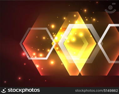 Techno glowing glass hexagons vector background. Techno glowing glass hexagons vector background, futuristic dark template with neon light effects and simple forms