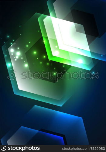 Techno glowing glass hexagons vector background. Techno glowing glass hexagons vector background, futuristic dark template with neon light effects and simple forms