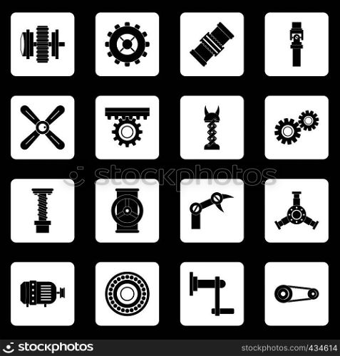 Techno mechanisms kit icons set in white squares on black background simple style vector illustration. Techno mechanisms kit icons set squares vector