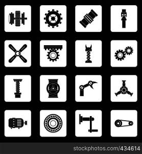 Techno mechanisms kit icons set in white squares on black background simple style vector illustration. Techno mechanisms kit icons set squares vector