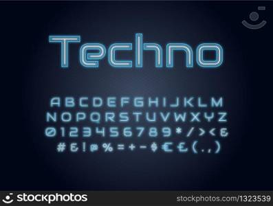 Techno neon light font template. Techno illuminated vector alphabet set. Bright capital letters, numbers and symbols with outer glowing effect. Nightlife typography. Contemporary typeface design