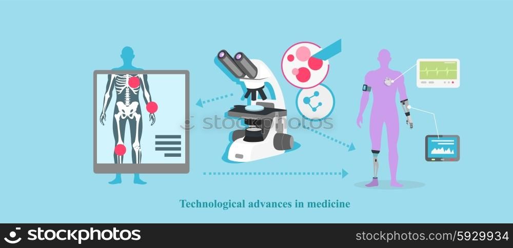 Technological advance in medicine icon flat . Research science, medical equipment, biotechnology and laboratory, analysis data and experiment, healthcare illustration