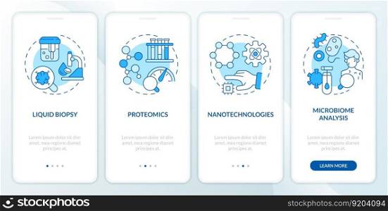 Technological advances blue onboarding mobile app screen. Genetics walkthrough 4 steps editable graphic instructions with linear concepts. UI, UX, GUI template. Myriad Pro-Bold, Regular fonts used. Technological advances blue onboarding mobile app screen