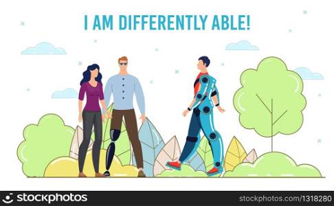 Technological Innovations for Disabled People Trendy Flat Vector Banner, Poster Template. Disabled Man in Wearable, Futuristic Exosuit, Guy with Robotized Led Prosthesis Walking Outdoors Illustration
