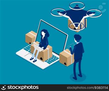 Technological shipment innovation concept. Isometric drone fast delivery