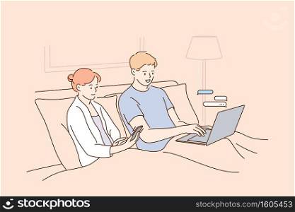 Technologies, addiction to internet, relaxing with gadgets at home concept. Young positive couple cartoon characters staying in bed and using their mobile electronic devices laptop smartphone together. Technologies, addiction to internet, relaxing with gadgets at home concept