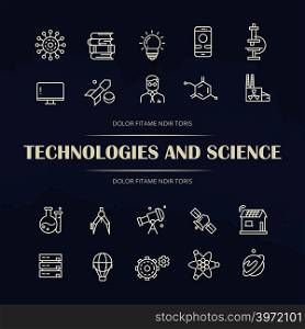 Technologies and science line icons set on grunge background. Collection of science line art icons. Vector illustration. Technologies and science line icons set on grunge background
