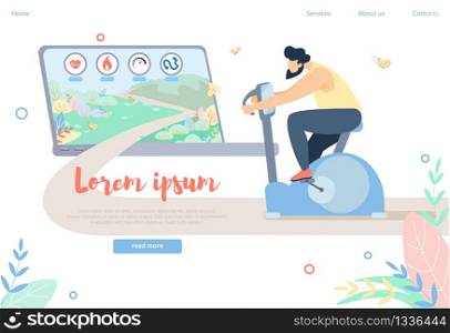 Technologies in Sport Horizontal Banner. Male Character Training on Exercise Bike with Smart Tech. Healthy Life, Human Health Care, Sportsman Prepare for Competition Cartoon Flat Vector Illustration. Male Character Training on Exercise Bike, Sport