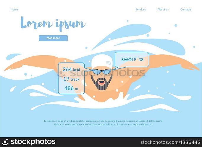 Technologies in Sport Horizontal Banner. Male Swimmer Character in Rubber Hat and Smart Glasses Showing Distance and Speed Swim in Pool Breaststroke Style. Healthy Lifestyle Cartoon Flat Illustration. Swimmer Character in Rubber Hat and Smart Glasses
