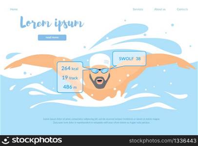 Technologies in Sport Horizontal Banner. Male Swimmer Character in Rubber Hat and Smart Glasses Showing Distance and Speed Swim in Pool Breaststroke Style. Healthy Lifestyle Cartoon Flat Illustration. Swimmer Character in Rubber Hat and Smart Glasses
