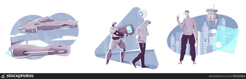 Technologies of future flat compositions with robots futuristic vehicles man wearing headset with vr interface isolated vector illustration