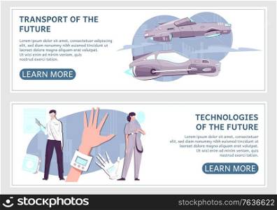 Technologies of future two isolated horizontal banners with futuristic transport smart watch and other gadgets vector illustration