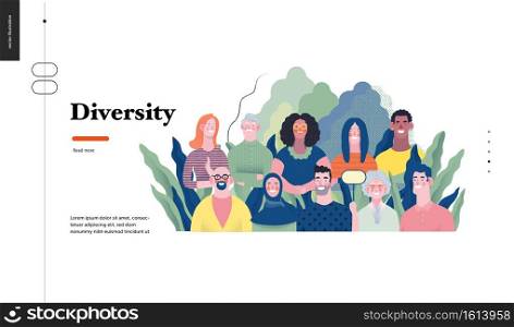 Technology 1 - Diversity - modern flat vector concept digital illustration of various people presenting person team diversity in the company. Creative landing web page design template. Technology topic illustration