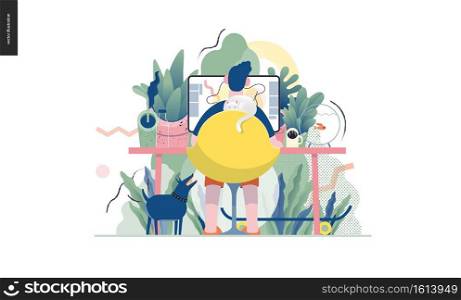 Technology 1 -Home Office - modern flat vector concept digital illustration home office metaphor, a freelancer guy working at home with pets and plants. Creative landing web page design template. Technology topic illustration