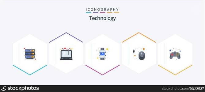 Technology 25 Flat icon pack including game. control pad. envelope. hardware. line