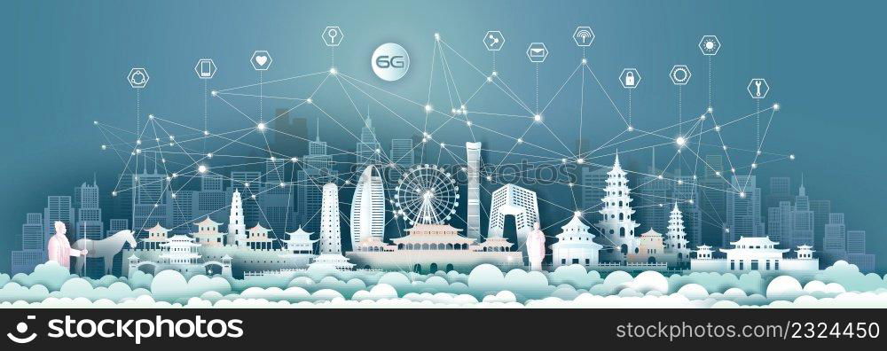 Technology 6G wireless network communication smart city with icon and architecture in China, Beijing, Xian, Taiwan  Taipei downtown skyscraper background, Vector illustration futuristic green city.