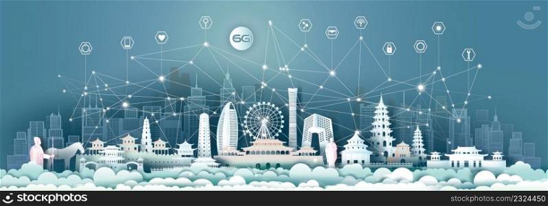 Technology 6G wireless network communication smart city with icon and architecture in China, Beijing, Xian, Taiwan  Taipei downtown skyscraper background, Vector illustration futuristic green city.
