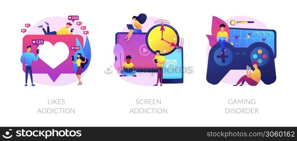 Technology addiction, lack of live communication, psychological problems. Likes addiction, screen addiction, gaming disorder metaphors. Vector isolated concept metaphor illustrations.. Technology addiction vector concept metaphor.