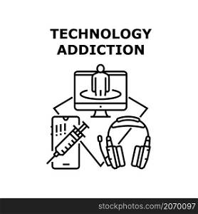 Technology addiction phone. Social smartphone internet gadget. Teenager game addict vector concept black illustration. Technology addiction icon vector illustration
